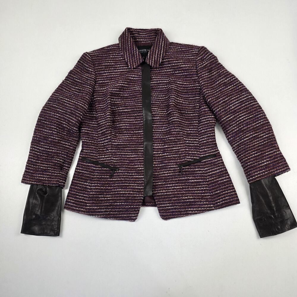 Lafayette 148‎ New York Purple Pink Tweed Leather Trim Zip Up Coat Jacket Size 4